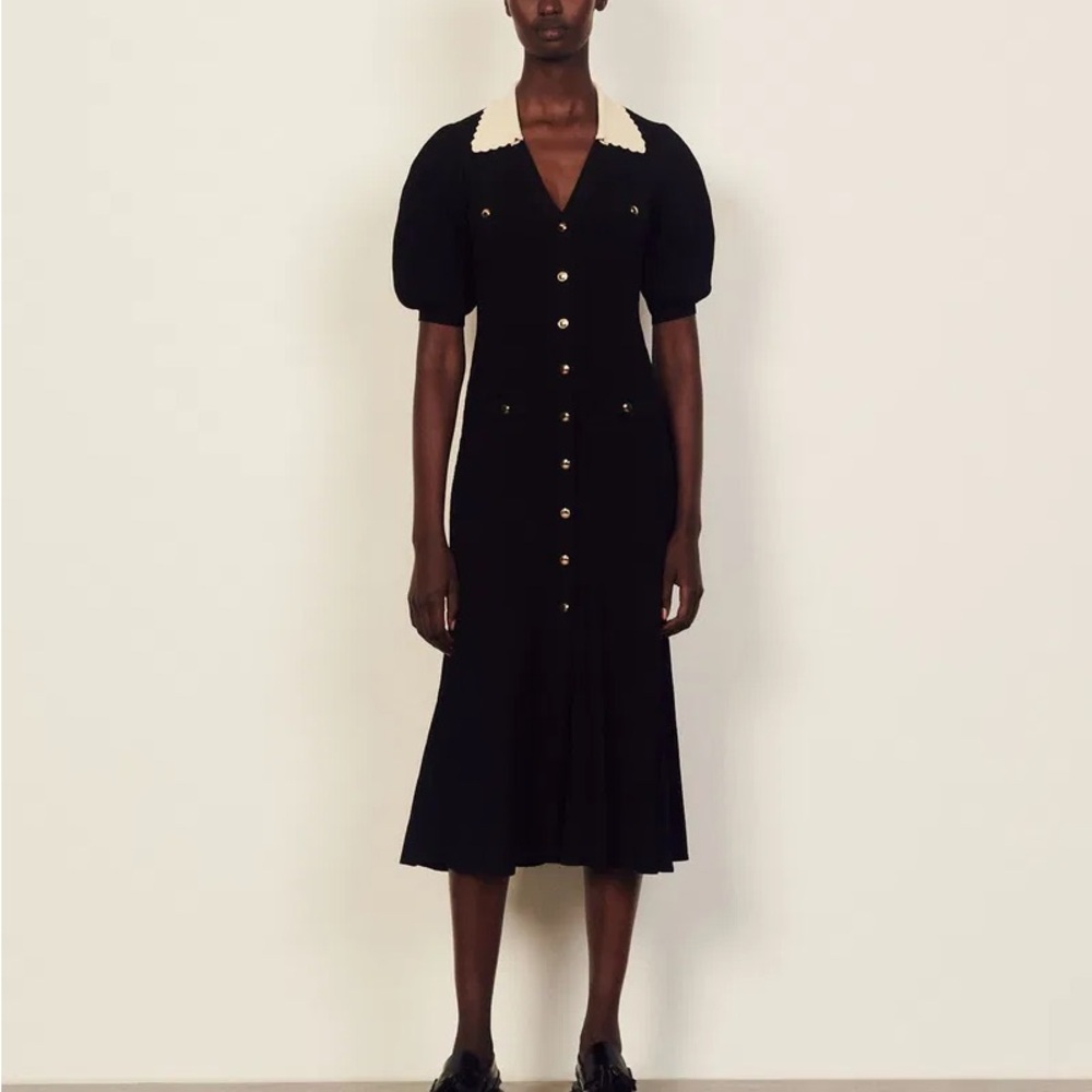 Sandro: Lauralie Black Knit Ribbed Collared Midi Dress XL 42